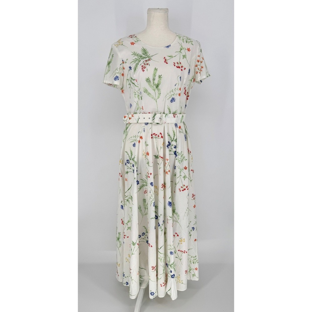 Vintage 90s Laura Ashley Floral Midi Dress 12 Cotton Belted Cottagecore Prairie